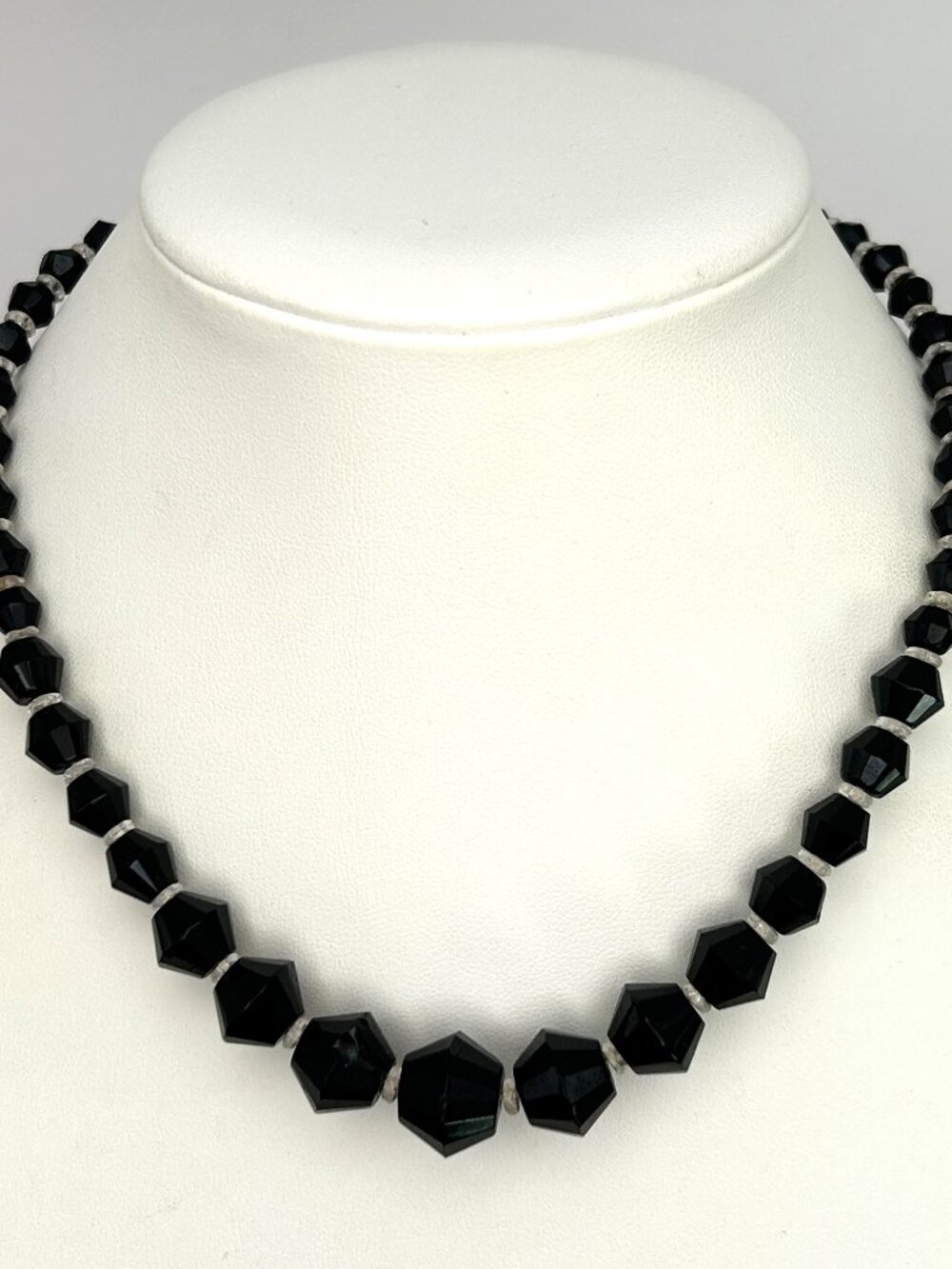 Vintage Czech Glass Necklace Black Faceted Beads Bridal Evening Wear